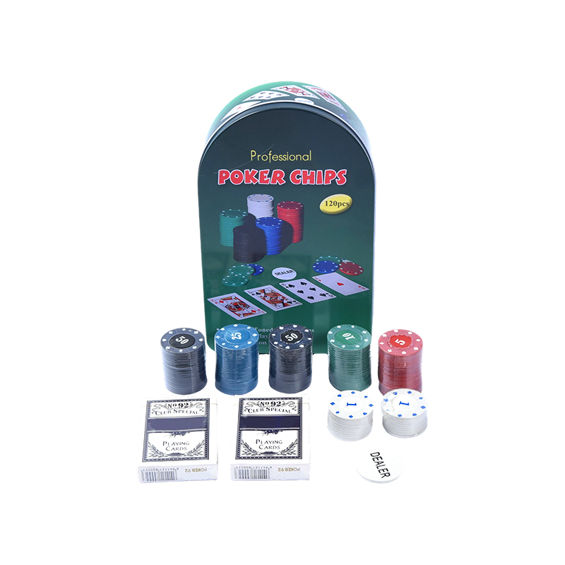녹색 아치형 금속 주석 120 칩(카드 및 딜러 버튼 포함) 전문 포커 칩 세트