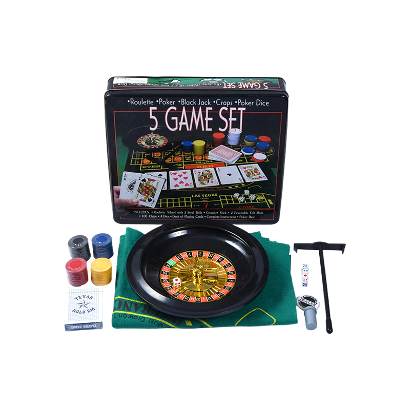 5-in-1 카지노 게임 세트 - 룰렛, 포커, 블랙 잭, 크랩스, 금속 주석 포커 주사위